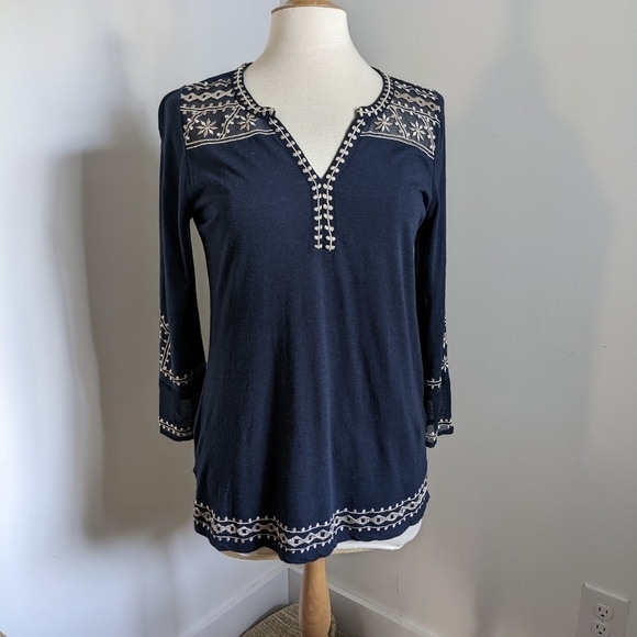 𝅺lucky Brand Navy Blue Tunic Tee Shirt S Western Embroidery - Picture 8 of 13